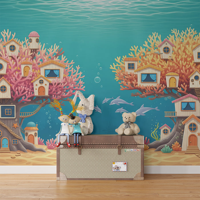 Kids' Room Wallpaper | Underwater Coral Houses with Dolphins