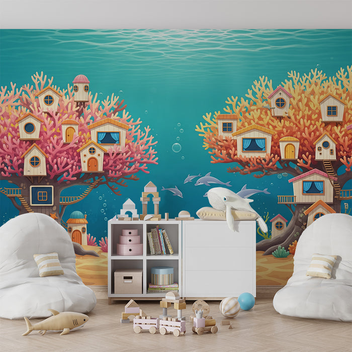 Kids' Room Wallpaper | Underwater Coral Houses with Dolphins
