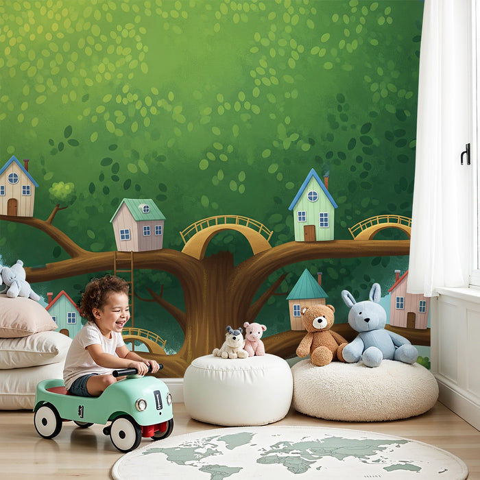 Kinderzimmer Tapete | Baumhäuser mit Eichhörnchen und bunten Vögeln