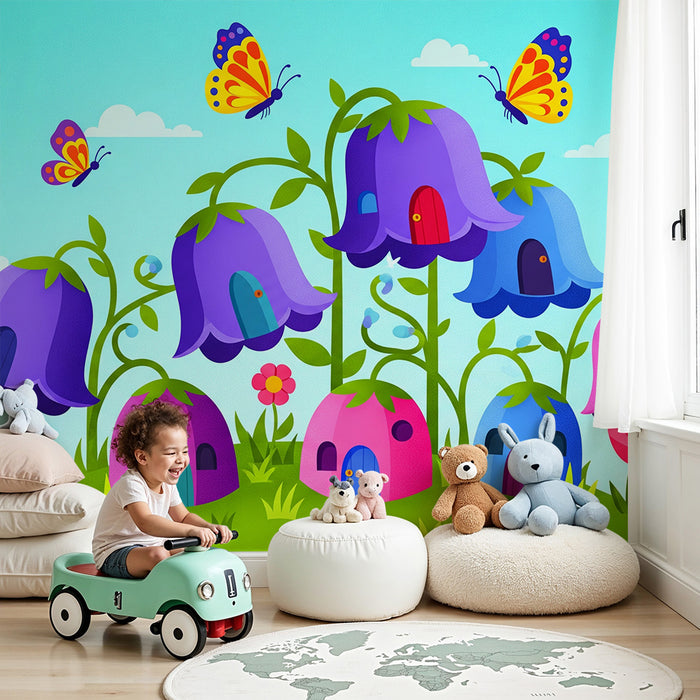 Behang kinderkamer | Bloeiende huisjes en vlinders in een betoverde tuin