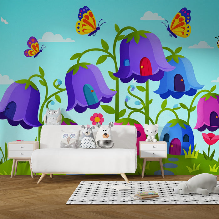 Behang kinderkamer | Bloeiende huisjes en vlinders in een betoverde tuin
