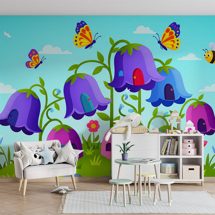 Behang kinderkamer | Bloeiende huisjes en vlinders in een betoverde tuin
