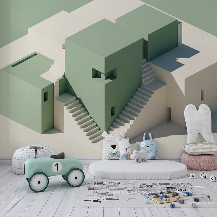 Papier peint chambre enfant | Maisons géométriques modernes en tons pastel