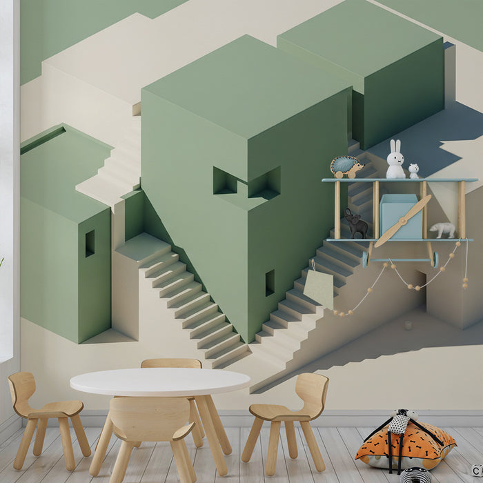 Papier peint chambre enfant | Maisons géométriques modernes en tons pastel