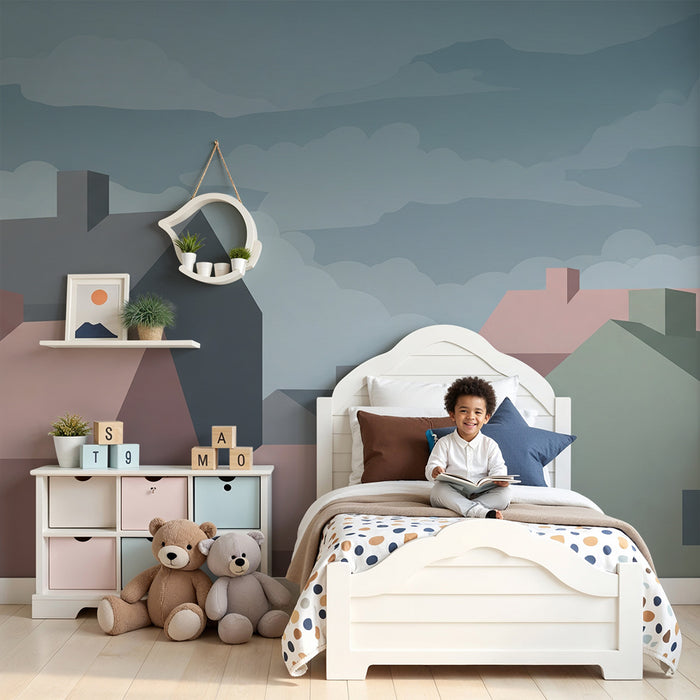 Kids room wallpaper | Pastel houses under a cloudy sky