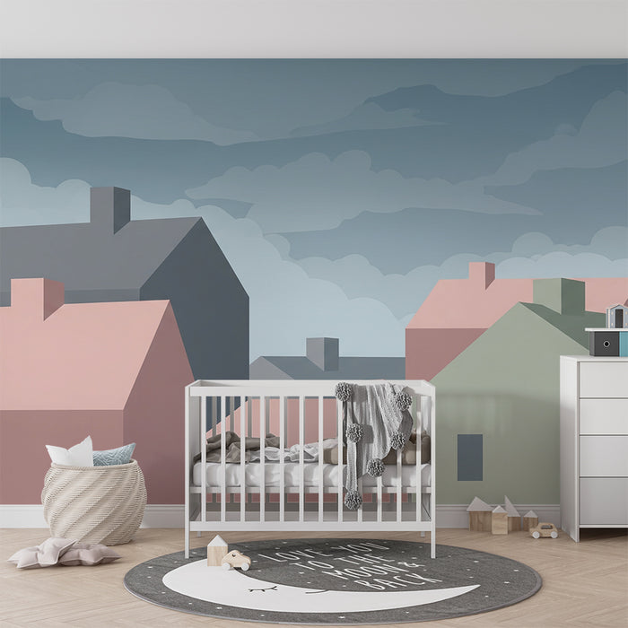 Kids room wallpaper | Pastel houses under a cloudy sky