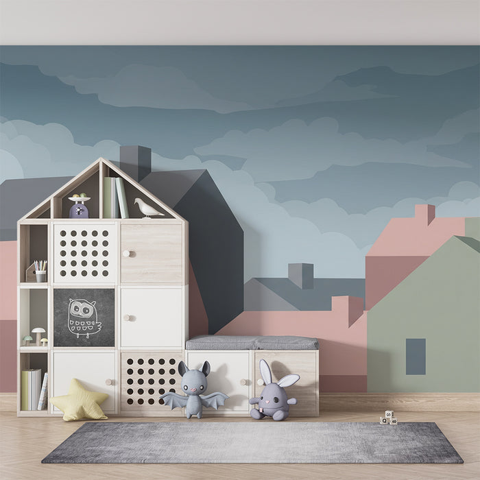 Kids room wallpaper | Pastel houses under a cloudy sky