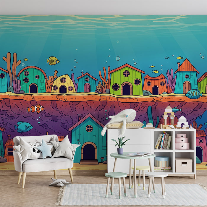 Kids' room wallpaper | Colorful underwater houses with fish and corals