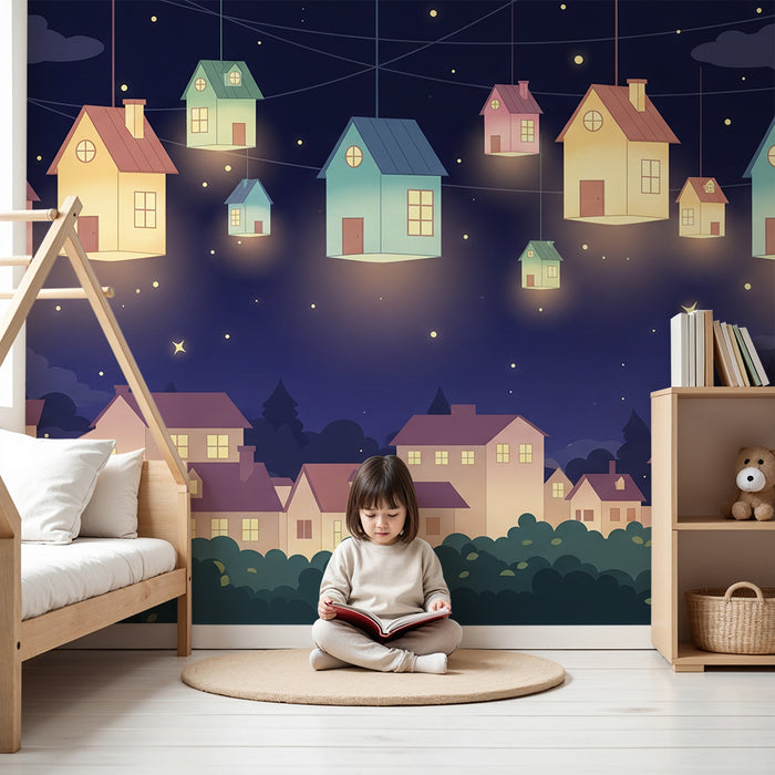 Kinderzimmer Tapete | Beleuchtete hängende Häuser unter einem Sternenhimmel