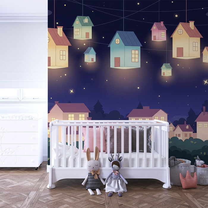 Kinderzimmer Tapete | Beleuchtete hängende Häuser unter einem Sternenhimmel