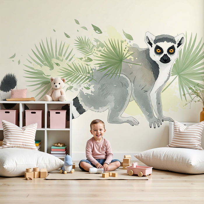 Papier peint chambre enfant | Maki espiègle entouré de feuillage tropical