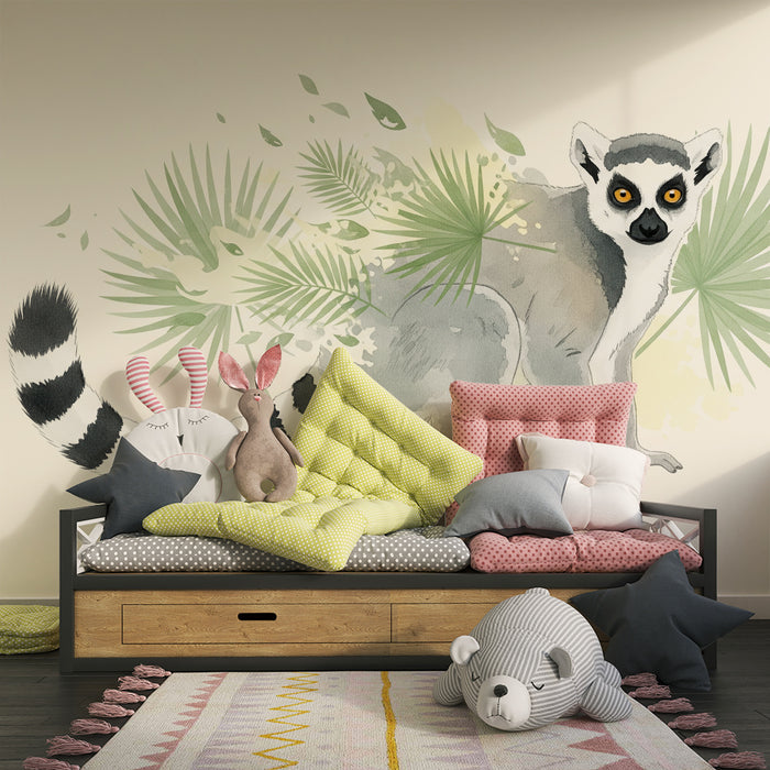 Papier peint chambre enfant | Maki espiègle entouré de feuillage tropical