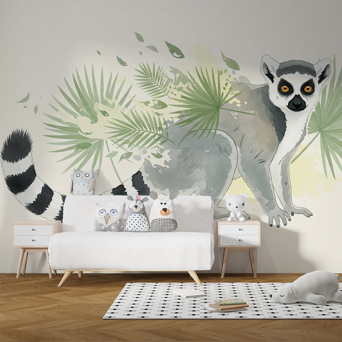 Papier peint chambre enfant | Maki espiègle entouré de feuillage tropical