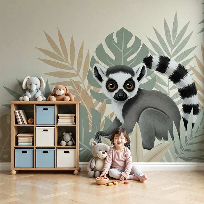 Papier peint chambre enfant | Maki espiègle parmi les feuilles tropicales