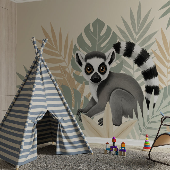 Papier peint chambre enfant | Maki espiègle parmi les feuilles tropicales