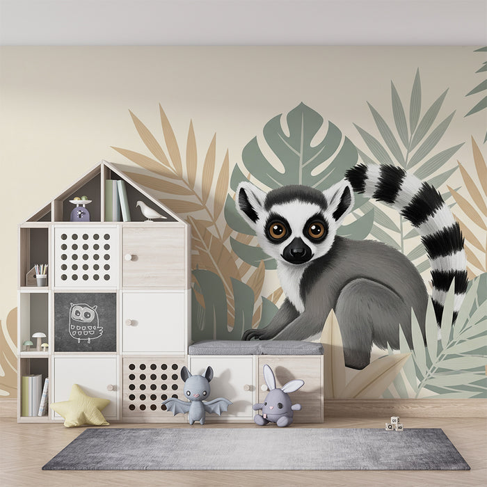 Papier peint chambre enfant | Maki espiègle parmi les feuilles tropicales