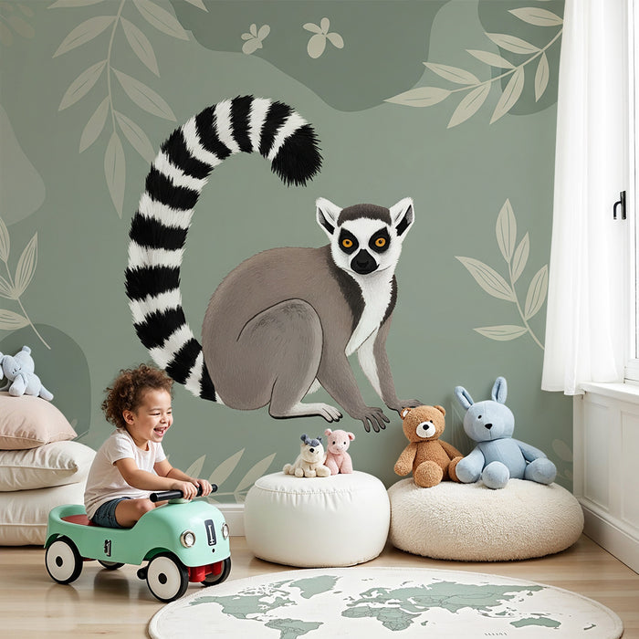 Papier peint chambre enfant | Maki espiègle sur fond de feuillage doux