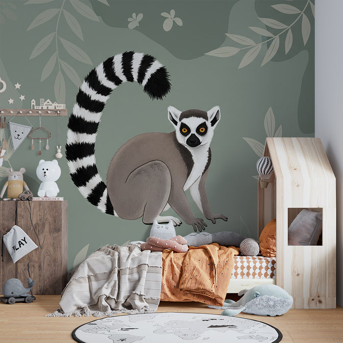 Papier peint chambre enfant | Maki espiègle sur fond de feuillage doux