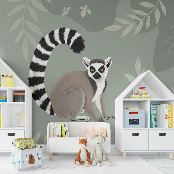 Papier peint chambre enfant | Maki espiègle sur fond de feuillage doux
