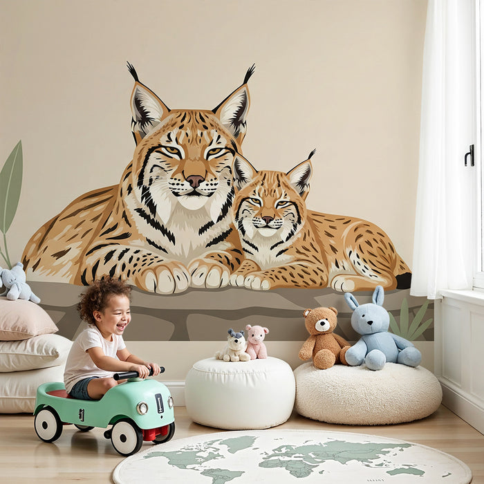 Papier peint chambre enfant | Mama lynx en haar kleintje in een rustgevend decor