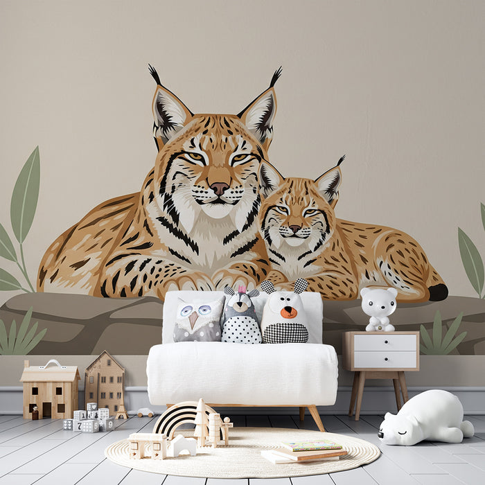 Papier peint chambre enfant | Mama lynx en haar kleintje in een rustgevend decor