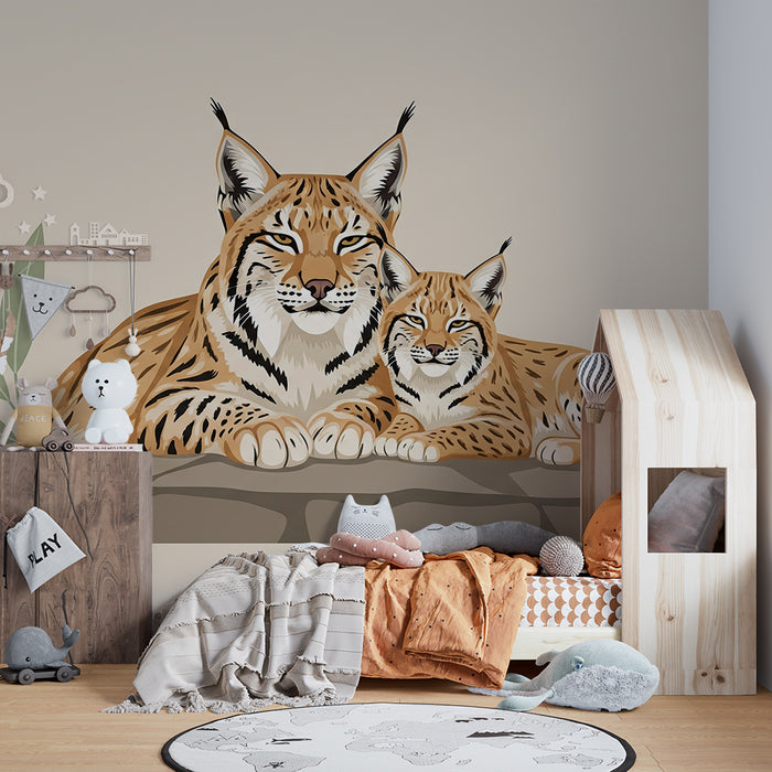 Papier peint chambre enfant | Mama lynx en haar kleintje in een rustgevend decor