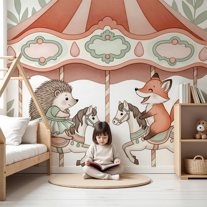 Kinderzimmer Tapete | Verzauberter Karussell mit einem Igel und einem Fuchs