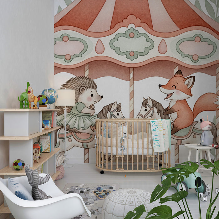 Kinderzimmer Tapete | Verzauberter Karussell mit einem Igel und einem Fuchs