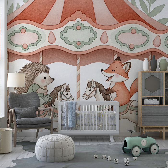 Kinderzimmer Tapete | Verzauberter Karussell mit einem Igel und einem Fuchs