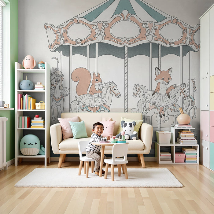 Børneværelse tapet | Feerisk manege med en ræv og en egern