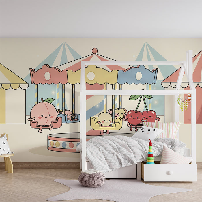 Papel de parede para quarto de criança | Carrossel alegre com frutas sorridentes