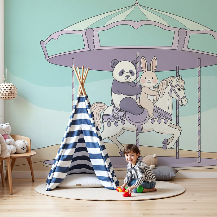 Papel pintado infantil | Carrousel lindo con panda y conejo
