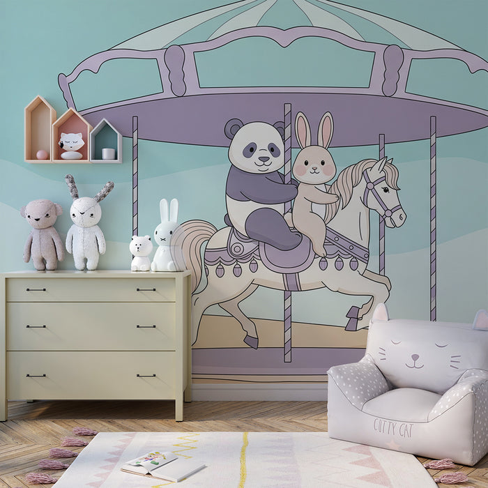 Papel pintado infantil | Carrousel lindo con panda y conejo
