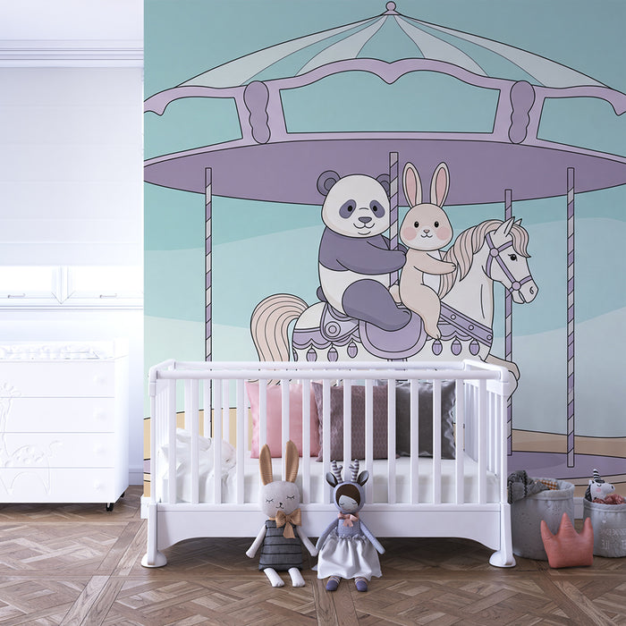 Papel pintado infantil | Carrousel lindo con panda y conejo