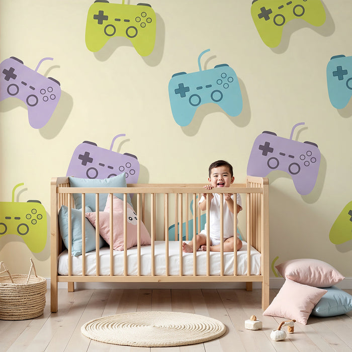 Gaming muurpapier voor kinderkamers | Kleurrijke gamepads op zachte achtergrond