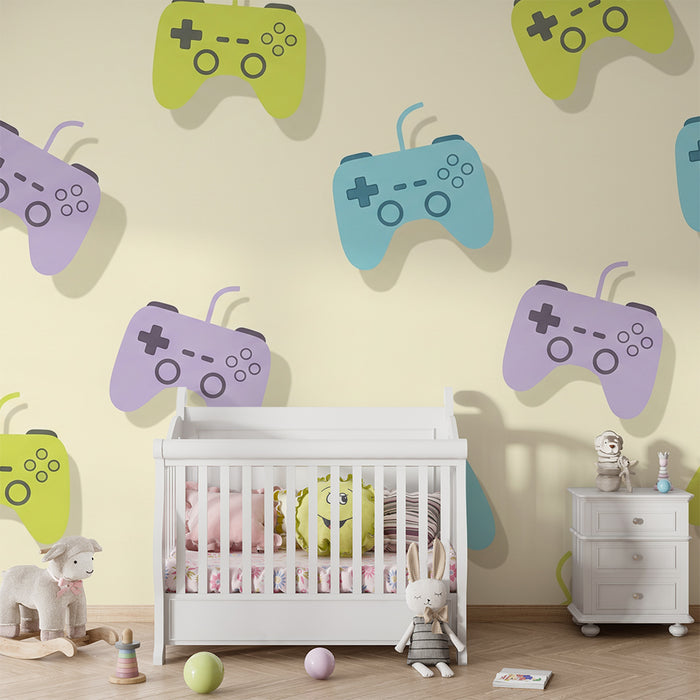 Gaming muurpapier voor kinderkamers | Kleurrijke gamepads op zachte achtergrond