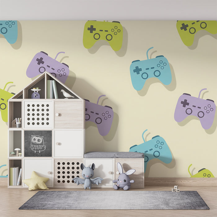 Gaming muurpapier voor kinderkamers | Kleurrijke gamepads op zachte achtergrond