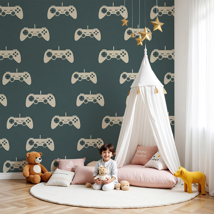 Kids room wallpaper | Game controllers on deep blue background