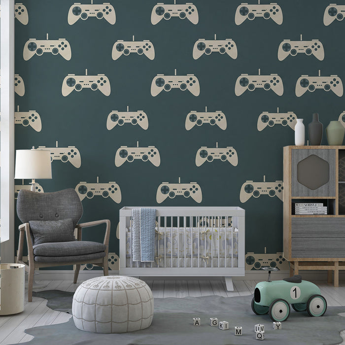 Kids room wallpaper | Game controllers on deep blue background