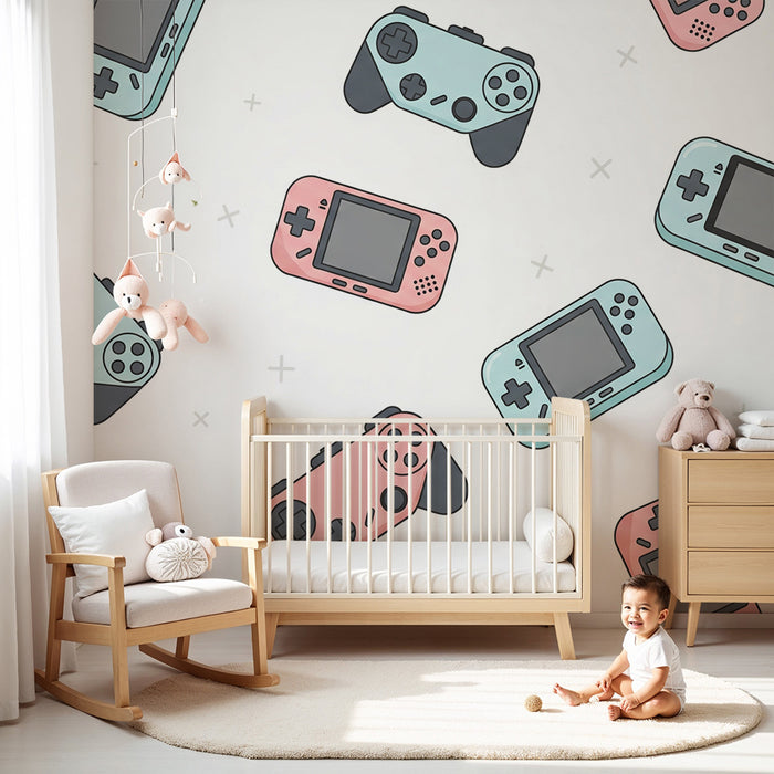 Kinderkamer behang | Kleurrijke videogamecontrollers op een witte achtergrond