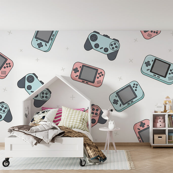 Kinderkamer behang | Kleurrijke videogamecontrollers op een witte achtergrond