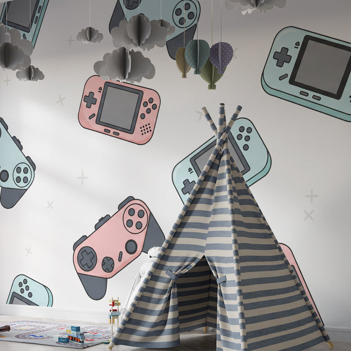 Kinderkamer behang | Kleurrijke videogamecontrollers op een witte achtergrond