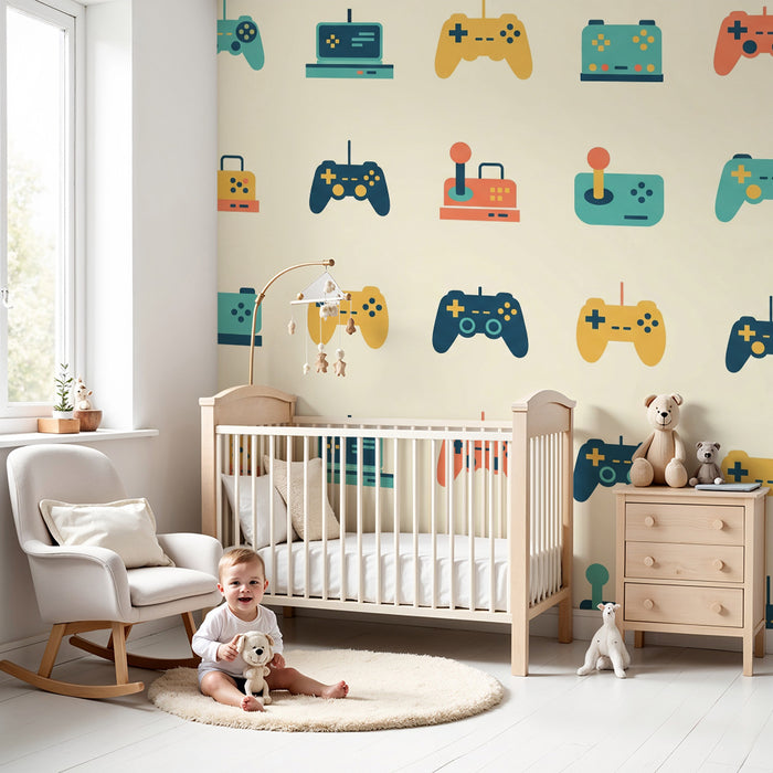 Kinderkamer behang | Kleurrijke videogamecontrollers op een zachte achtergrond