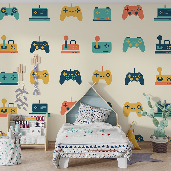 Kinderkamer behang | Kleurrijke videogamecontrollers op een zachte achtergrond