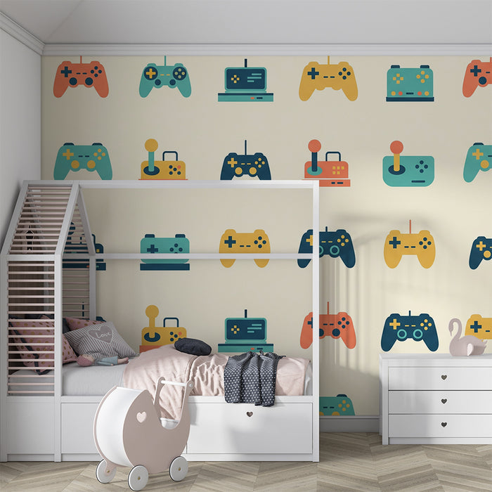 Kinderkamer behang | Kleurrijke videogamecontrollers op een zachte achtergrond