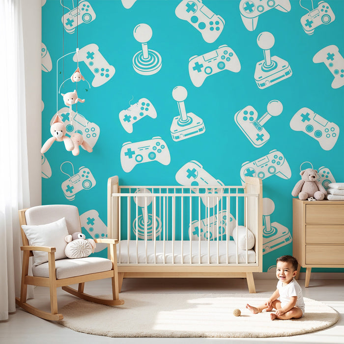 Kids room wallpaper | Video game controllers on turquoise background