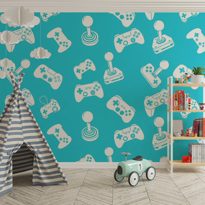 Kids room wallpaper | Video game controllers on turquoise background