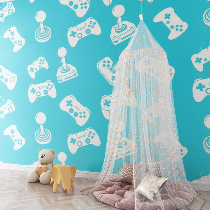 Kids room wallpaper | Video game controllers on turquoise background