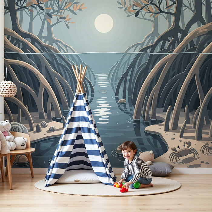 Carta da parati per camera bambini | Mangrovia tranquilla con conchiglie e granchi