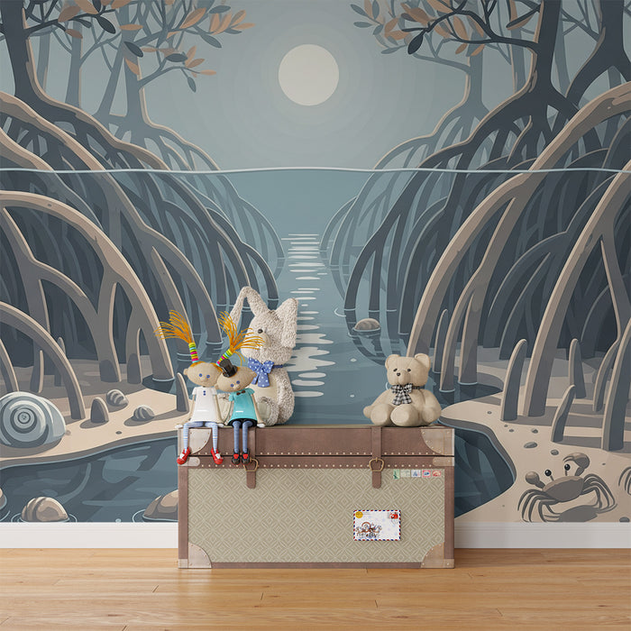 Carta da parati per camera bambini | Mangrovia tranquilla con conchiglie e granchi